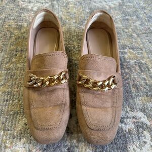 Suede Loafers with Gold Chain Penny Loafers Slip on Shoes Camel Square Toe 9